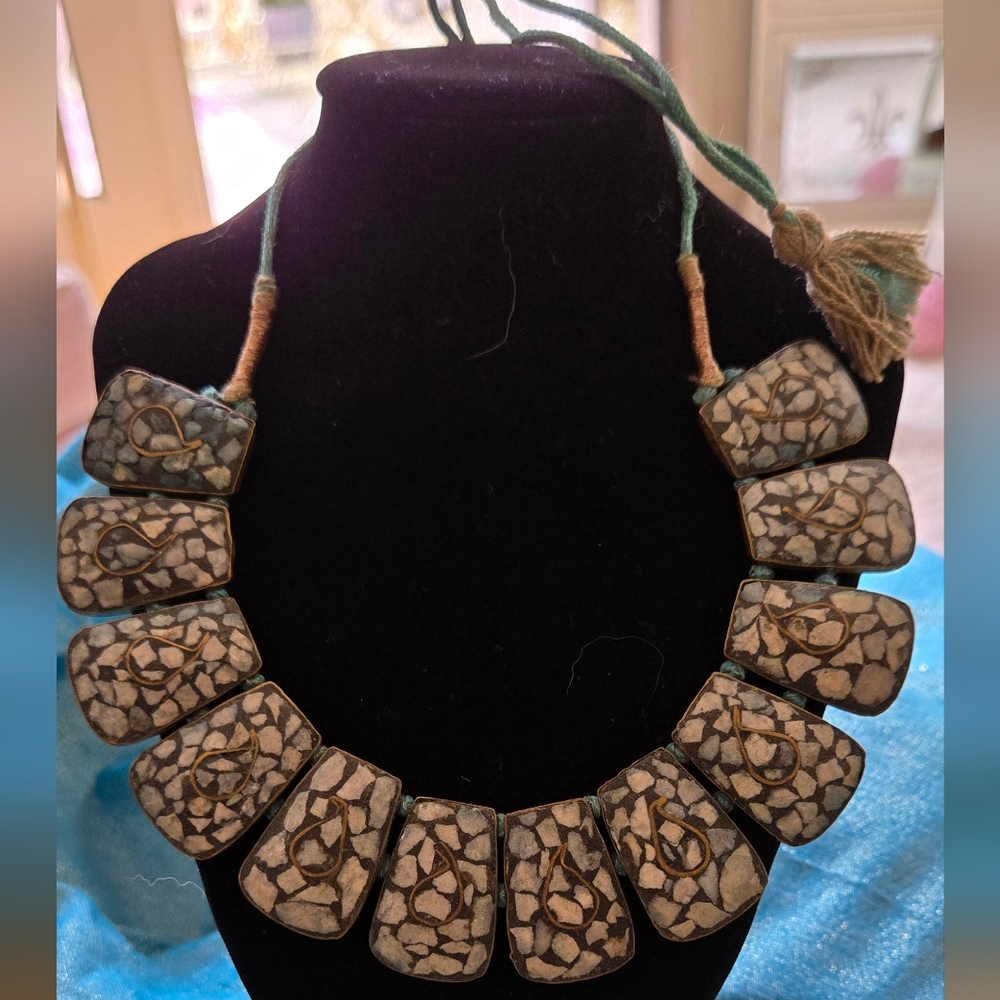 Tibetan Mosaic Chip Bib Necklace  Choker India 1950's Handcrafted